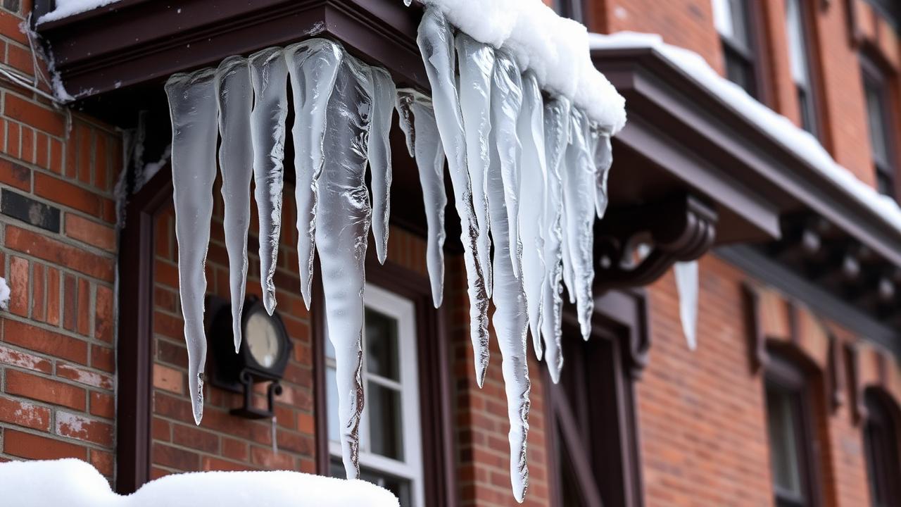 Large icicles and ice dam hanging off a NYC home gutter in winter