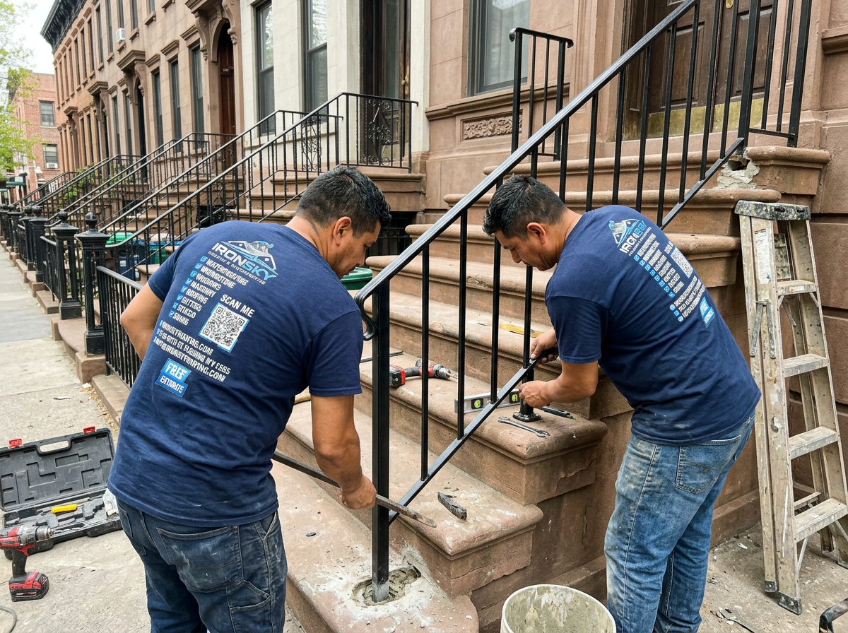 Custom black iron railing detail on a Brooklyn brownstone front stoop