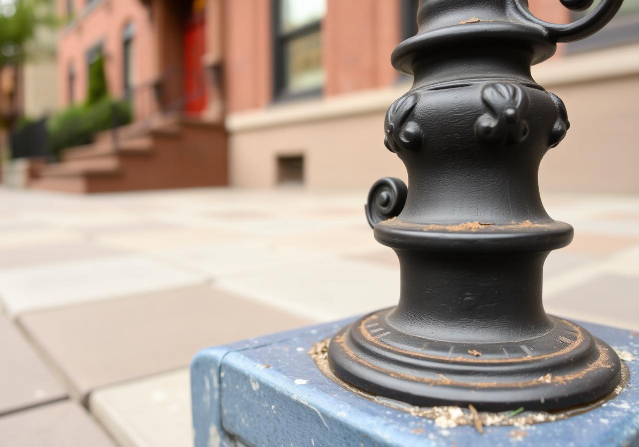 Close-up detail of a freshly painted black wrought-iron railing post anchored to bluestone