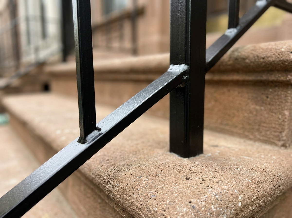 Macro detail of a clean welded joint on a freshly painted black iron railing mounted to a brownstone stoop