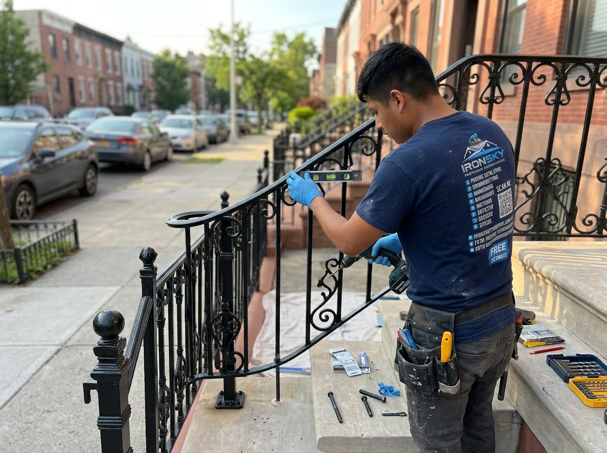 IronSky crew member in navy branded shirt leveling and bolting a custom curved black wrought-iron handrail along a Queens limestone stoop