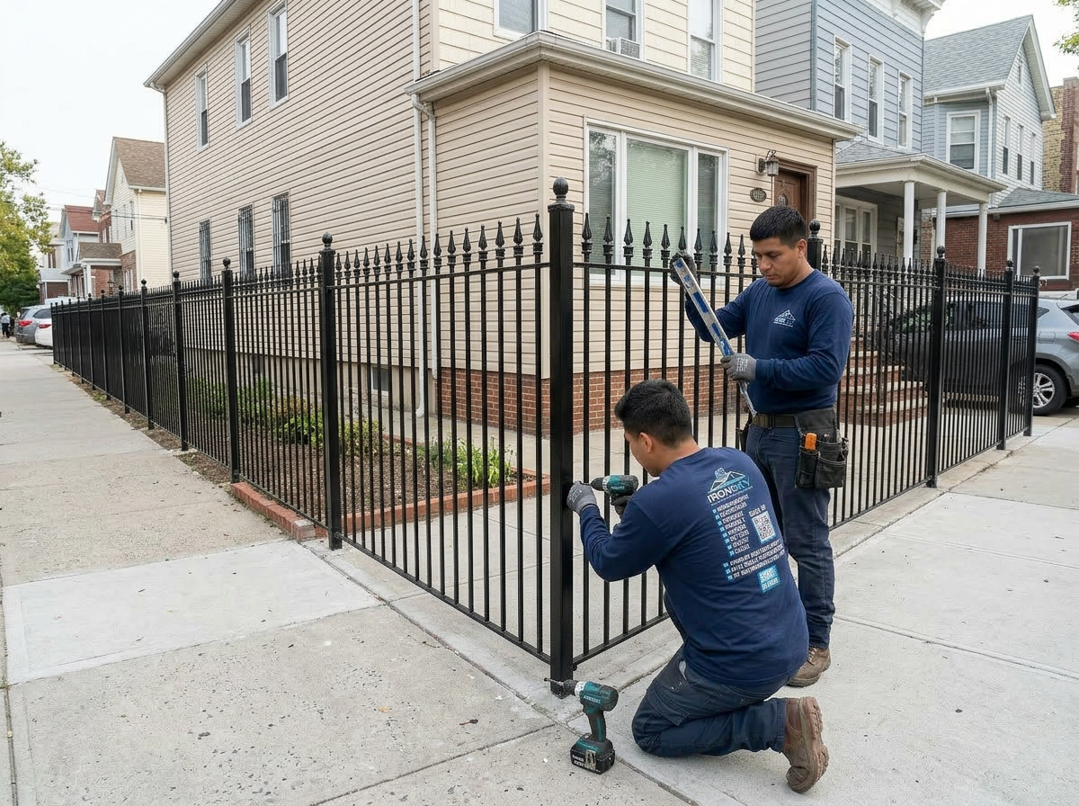 Two IronSky workers in navy branded shirts installing a long black wrought-iron picket fence along the front yard of a Queens single-family home