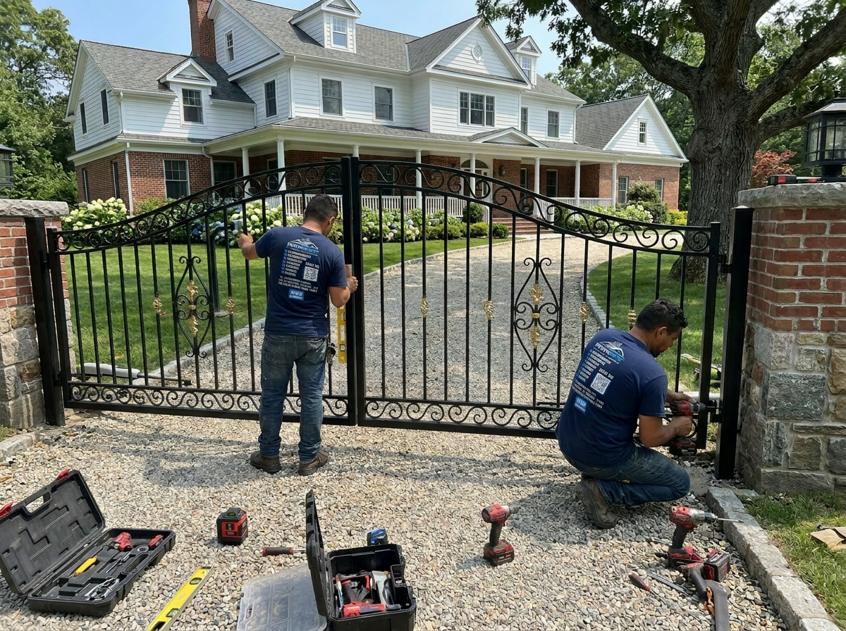 Two IronSky workers in navy branded shirts installing a custom arched black wrought-iron double driveway gate at a Long Island estate