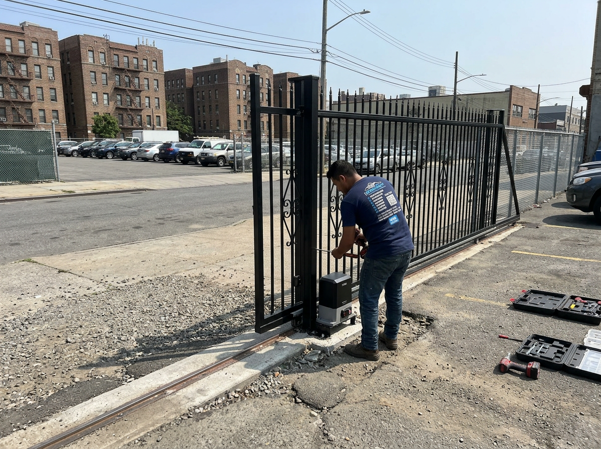 IronSky crew member in navy branded shirt installing an electric sliding black wrought-iron security gate at a Bronx commercial parking lot