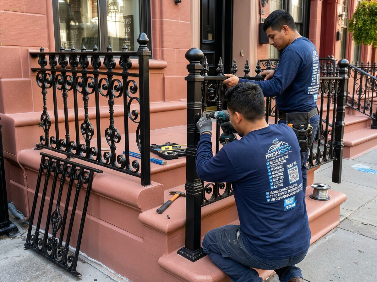 Two IronSky crew members in navy IronSky branded shirts installing a black wrought-iron railing on a Brooklyn brownstone stoop