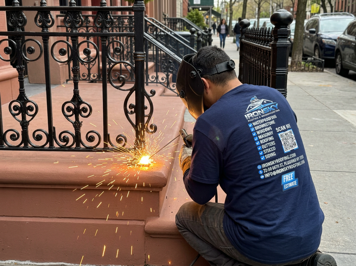 IronSky welder in navy branded shirt welding a black iron railing post on a NYC brownstone stoop with sparks flying