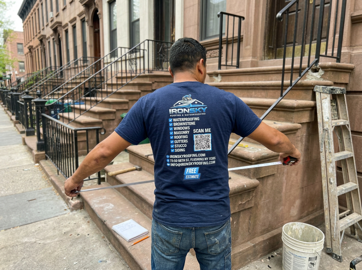 IronSky craftsman in navy branded shirt measuring a brownstone stoop with a tape measure to fabricate a custom iron railing