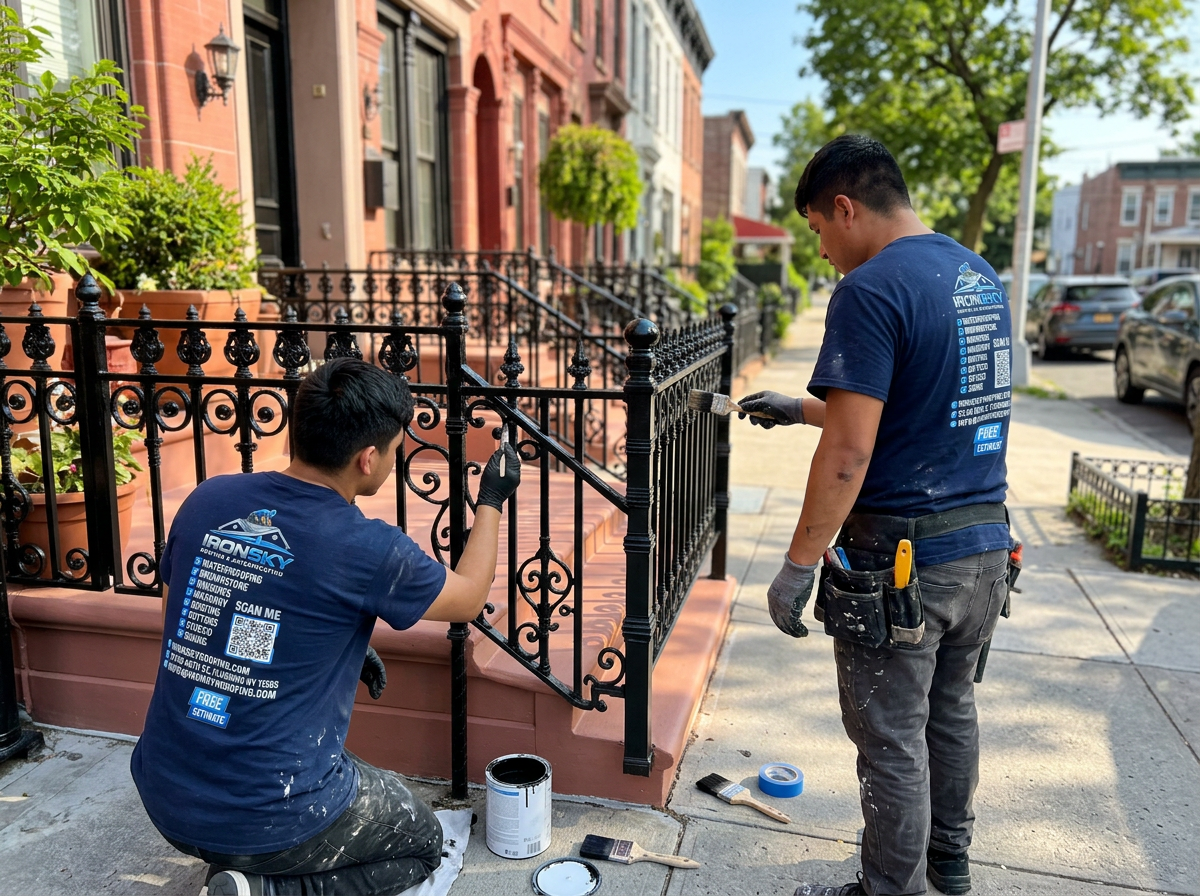 Two IronSky workers in navy branded shirts hand-painting a restored black wrought-iron fence on a Queens residential street
