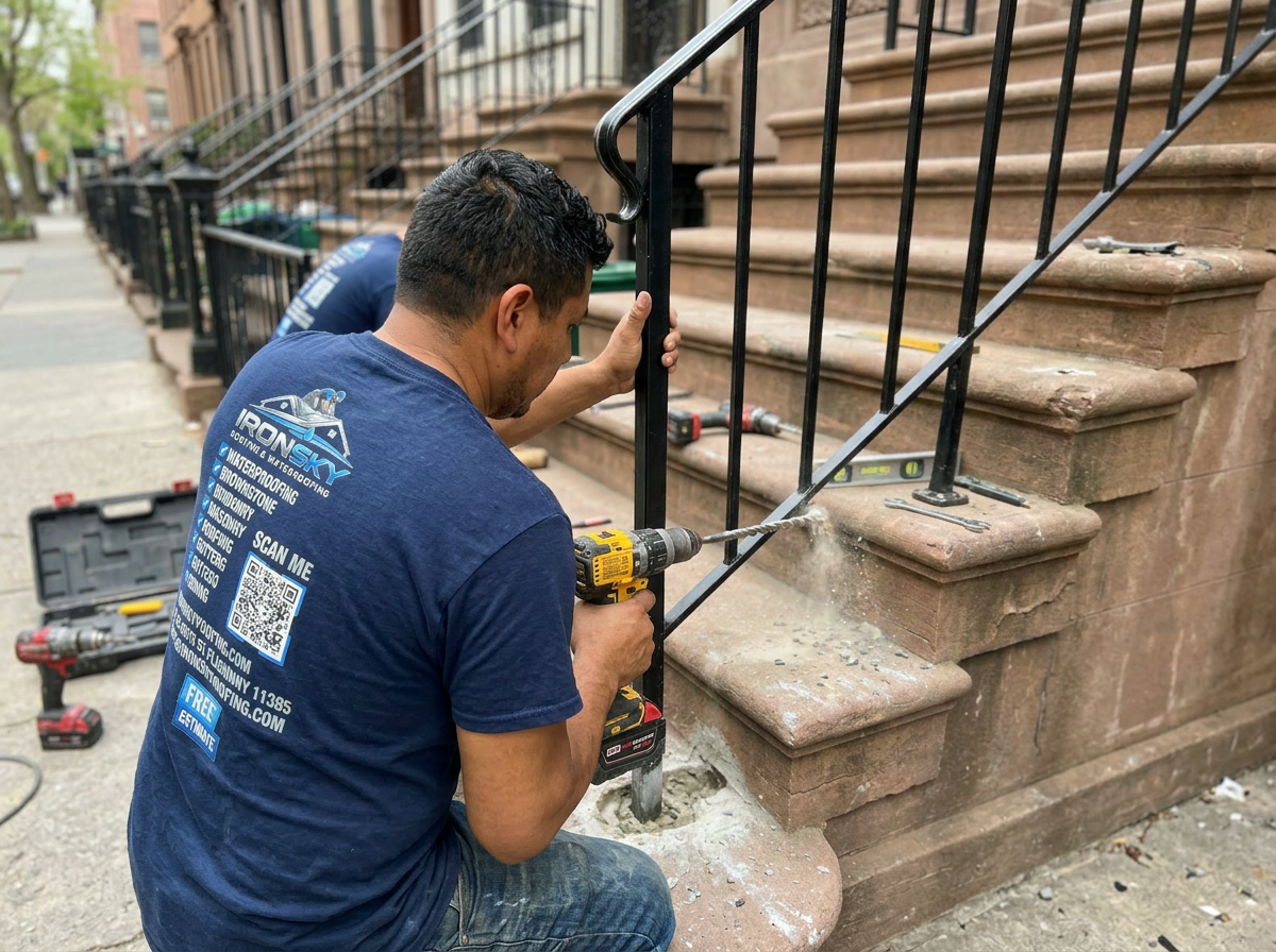 IronSky worker in navy branded shirt anchoring a black iron railing baluster into a brownstone stoop with a hammer drill