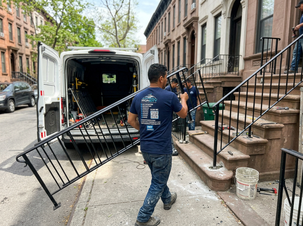 IronSky crew member in navy branded shirt unloading a long pre-fabricated black iron railing section from the work van at a Brooklyn jobsite