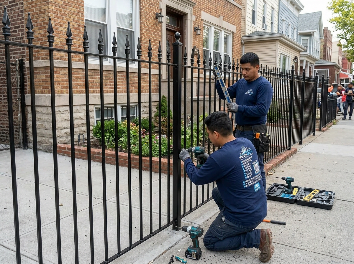 Two IronSky workers in navy branded shirts installing a tall black wrought-iron security fence with spear-top pickets in front of a Bronx single family home