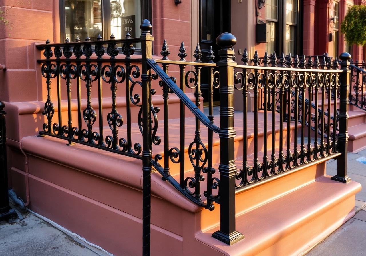 Beautifully restored Brooklyn brownstone stoop with freshly installed black wrought-iron railing by IronSky