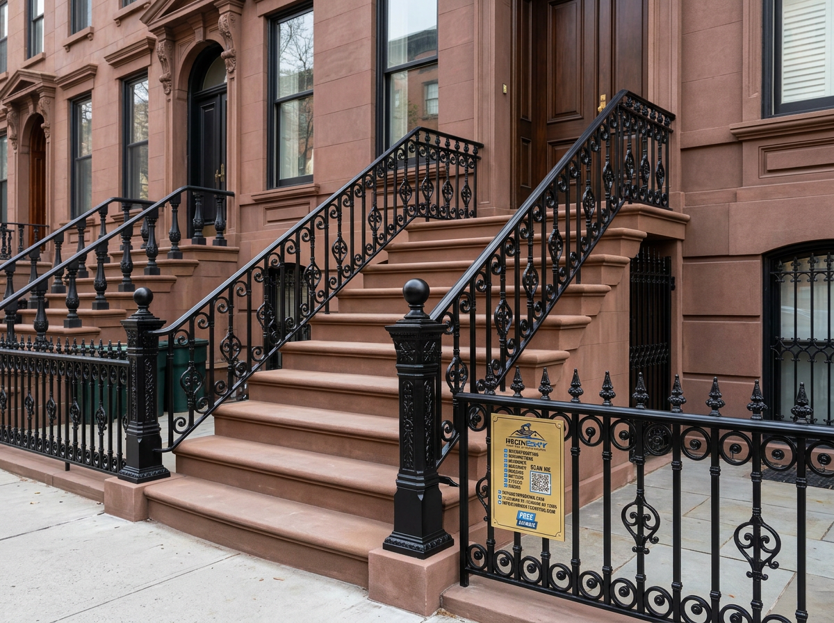 Pair of restored brownstone stoops with newly installed ornate black wrought-iron railings and matching sidewalk fence
