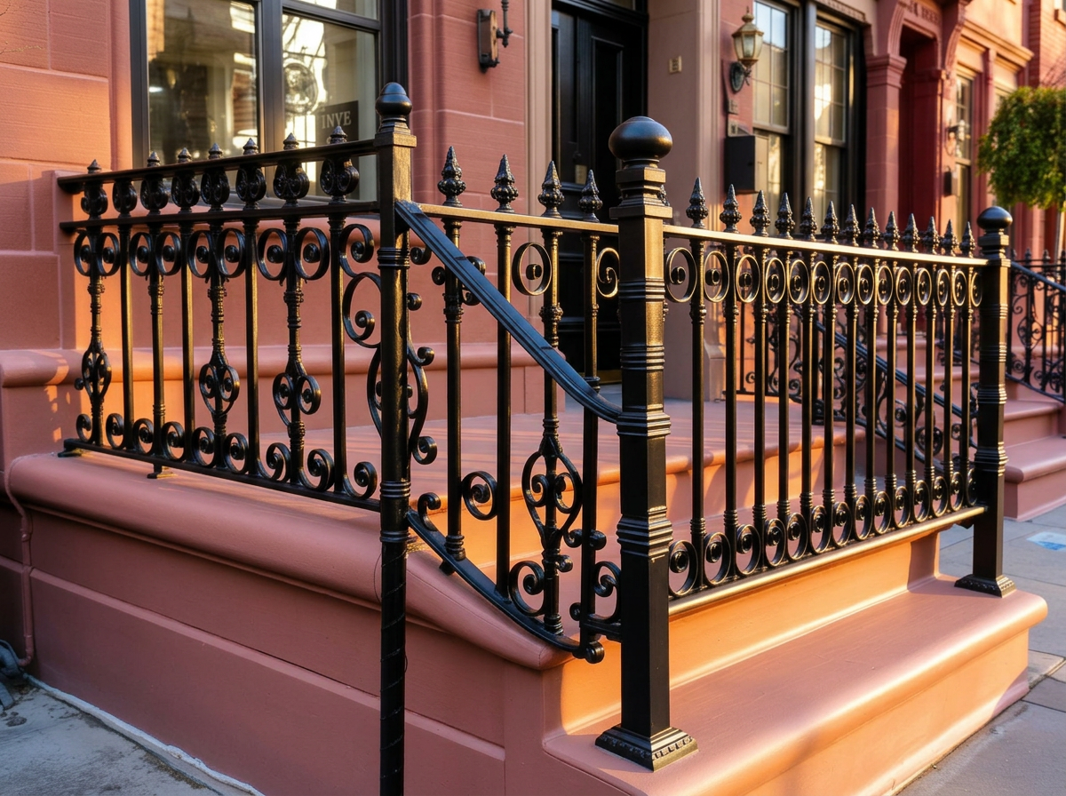 Close-up of freshly fabricated ornate black wrought-iron railing with decorative scrollwork newels at golden hour