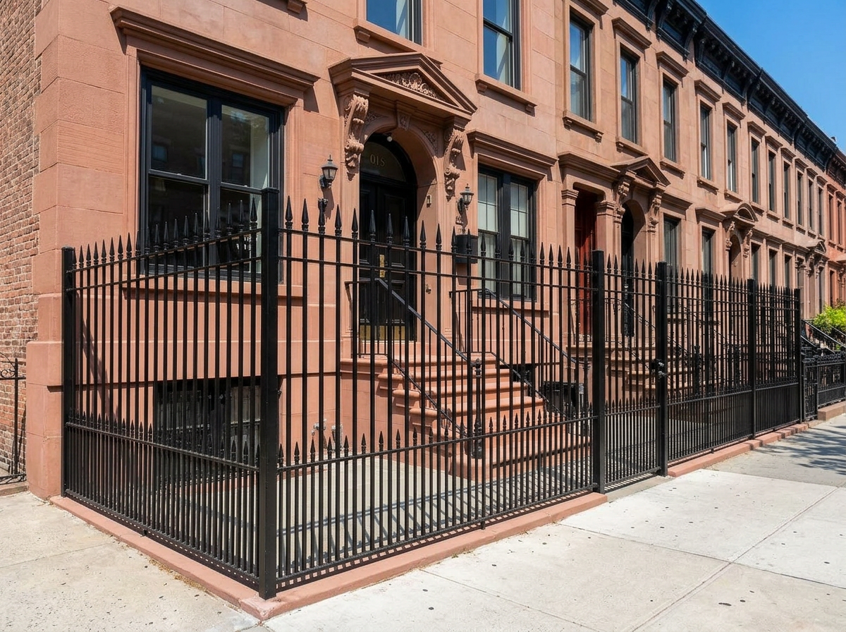 Tall black wrought-iron security fence with spear-top pickets installed along a NYC brownstone property