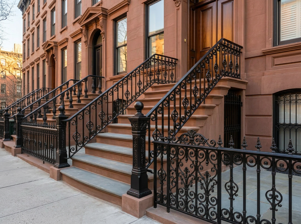 Row of restored Manhattan brownstones with newly installed ornate black wrought-iron railings flanking the bluestone steps at golden hour