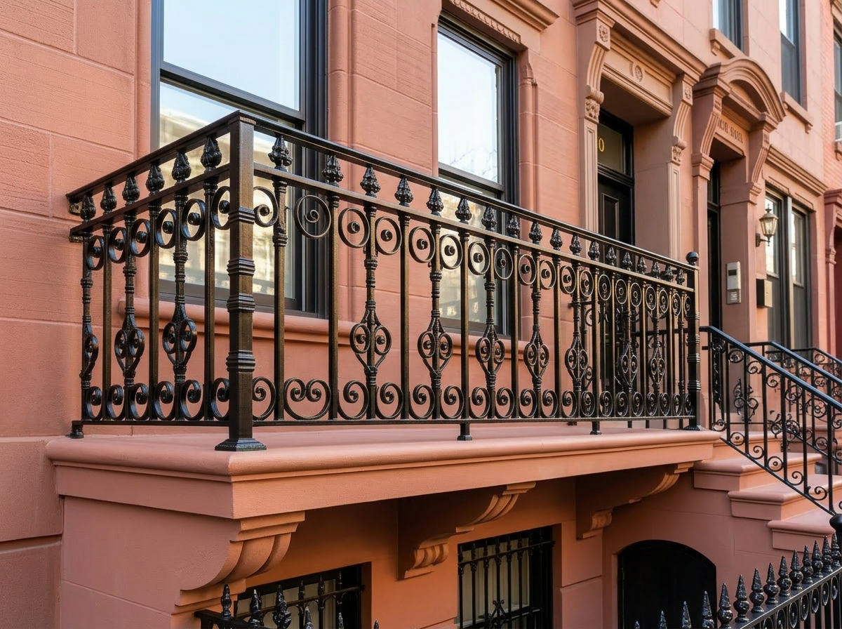 Custom black wrought-iron balcony railing with classic baluster pattern on a Brooklyn brownstone second floor
