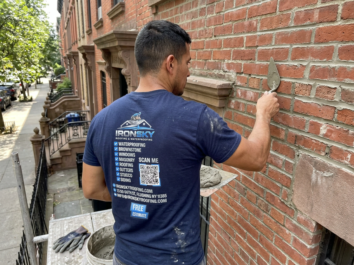 IronSky mason repointing red brick mortar on a brownstone facade