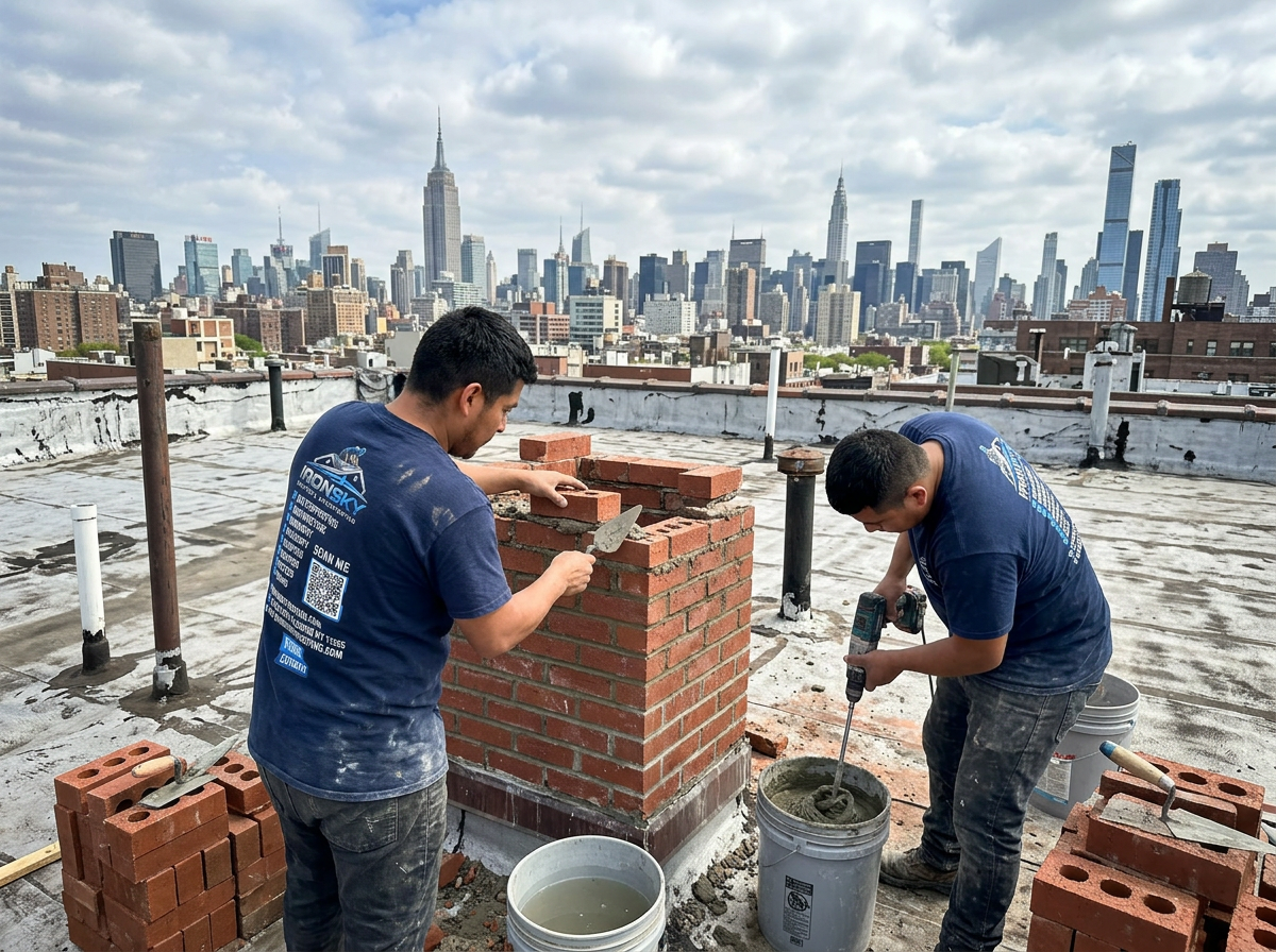 Two IronSky masons rebuilding a red brick chimney on a NYC rooftop with the skyline behind