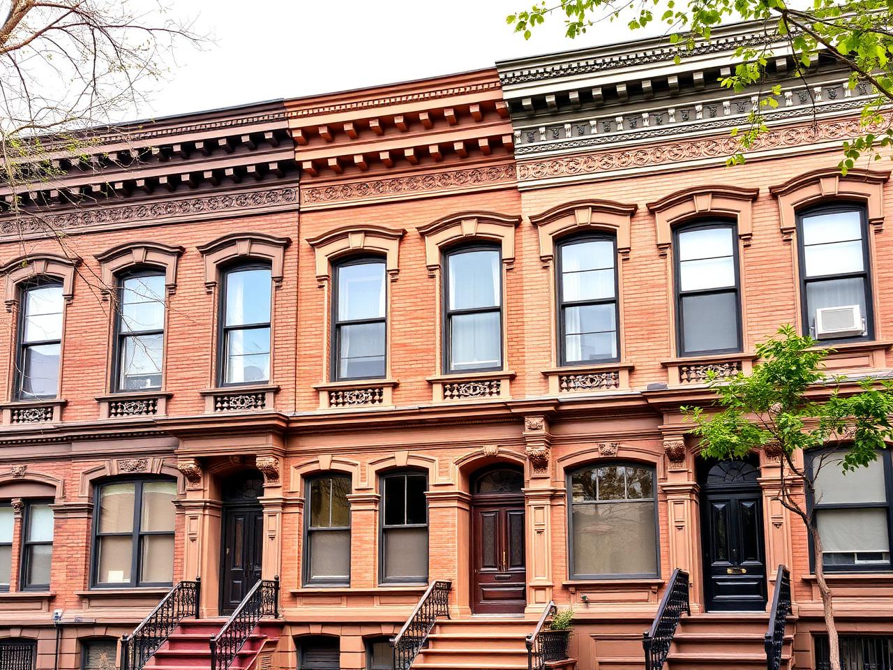 Restored row of Brooklyn brownstone facades with fresh masonry details