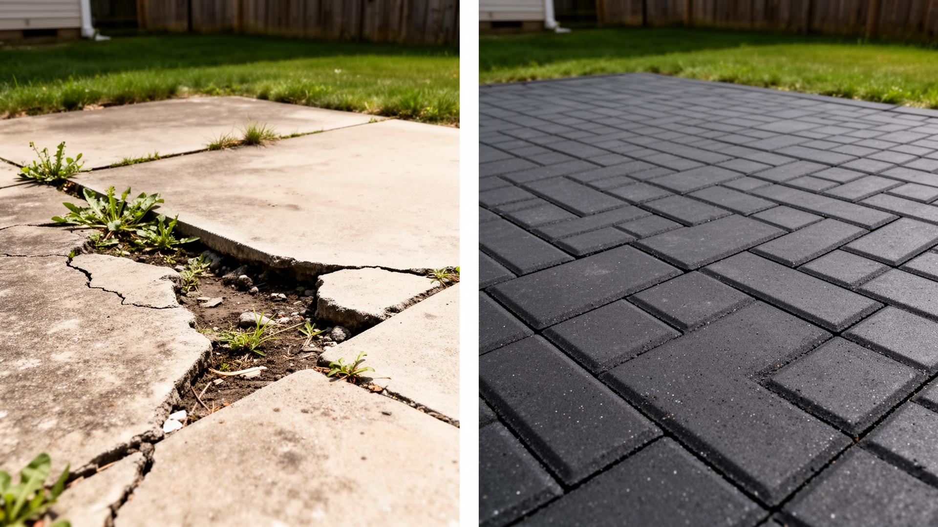 Before and after close-up of a residential patio: cracked weed-filled concrete slab transformed into a flat charcoal paver patio by IronSky