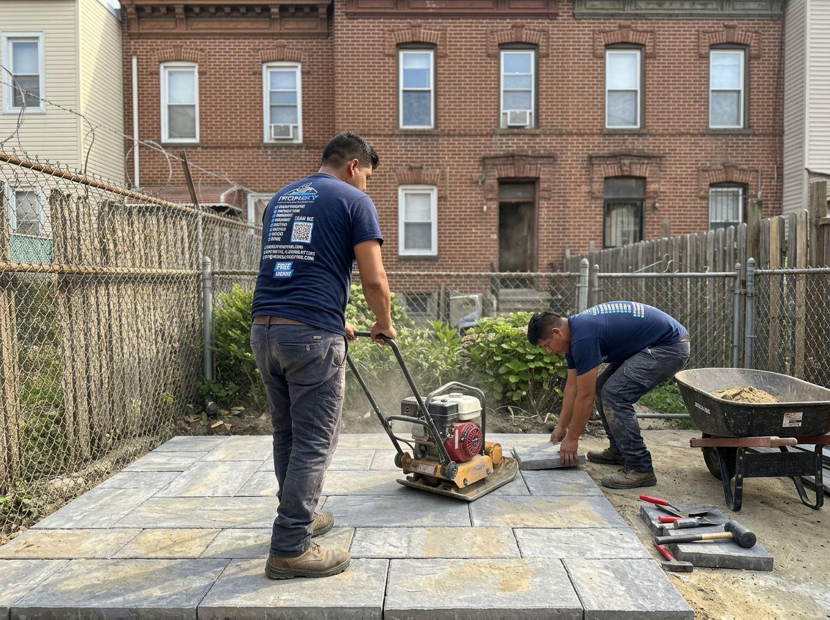 Two IronSky workers in navy branded shirts compacting and setting pavers behind a Brooklyn brownstone