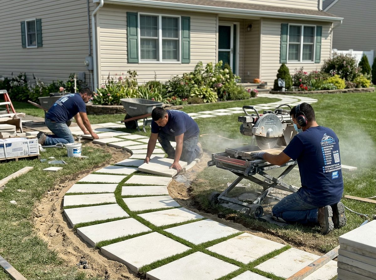 Three IronSky workers in navy branded shirts cutting and laying a curved paver walkway at a suburban backyard jobsite