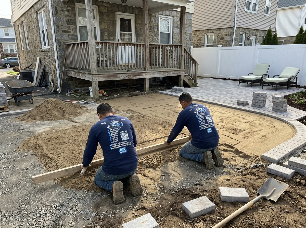 Two IronSky workers in navy branded shirts screeding bedding sand over a prepared patio base at a stone home