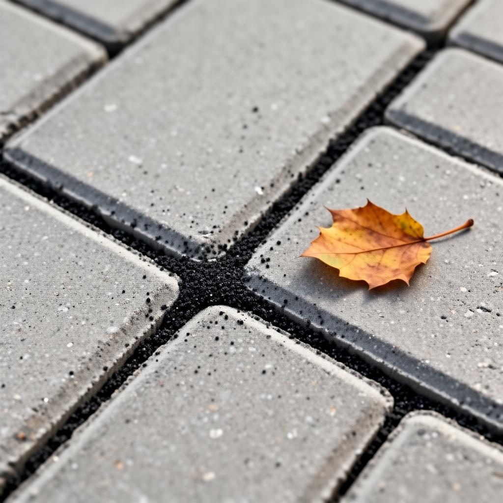 Macro close-up of a finished gray paver joint with crisp dark polymeric sand and a fallen autumn leaf for scale