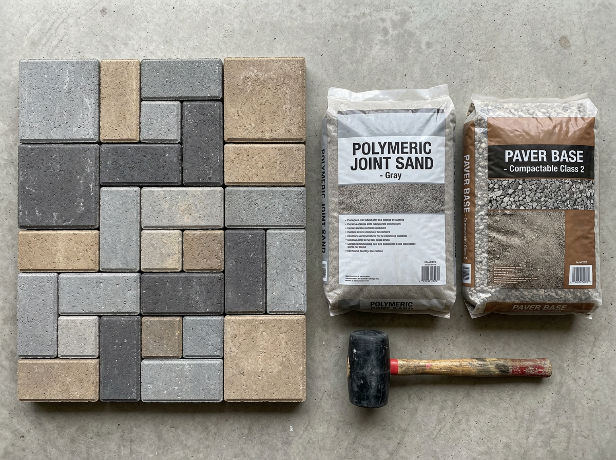 Flat lay of patio paver samples, polymeric joint sand, paver base, and a rubber mallet