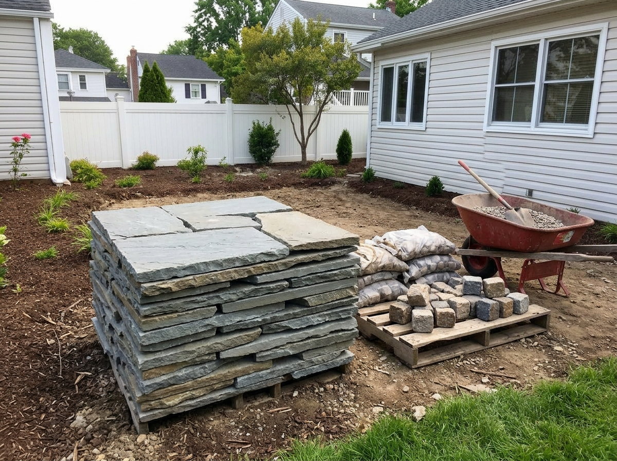 Bluestone slabs and cobblestones staged in a backyard before patio and walkway installation