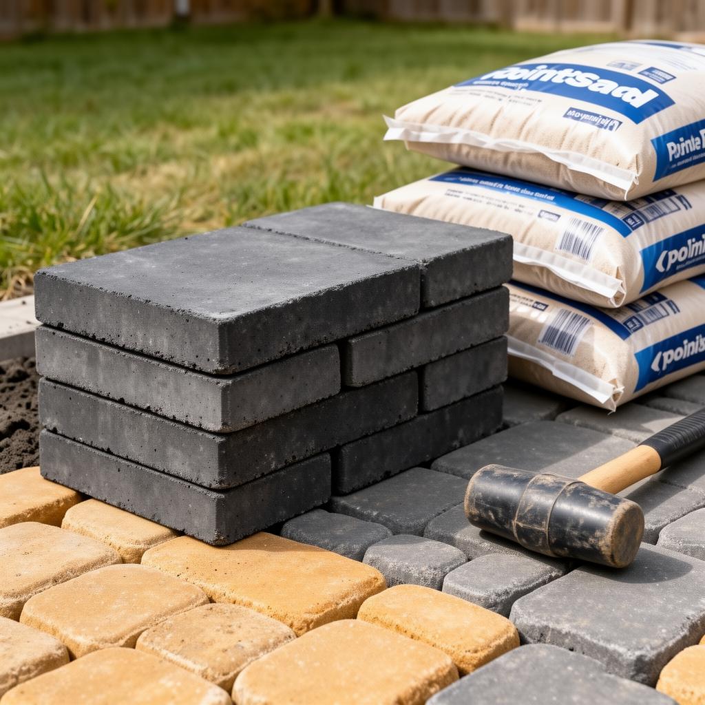Stack of charcoal and tan concrete pavers next to bags of polymeric joint sand and a rubber mallet at a backyard jobsite