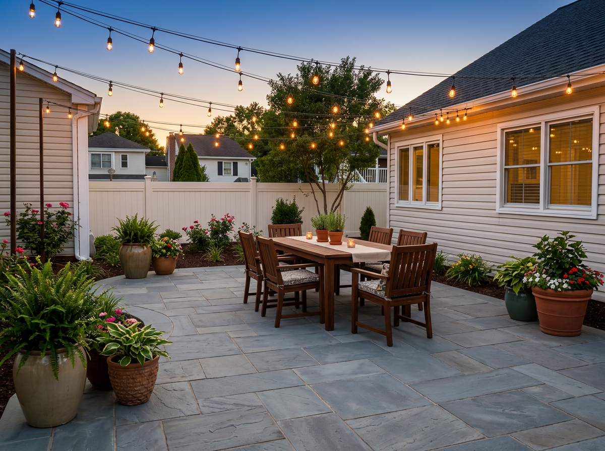 Completed bluestone backyard patio with outdoor dining furniture and string lights at dusk