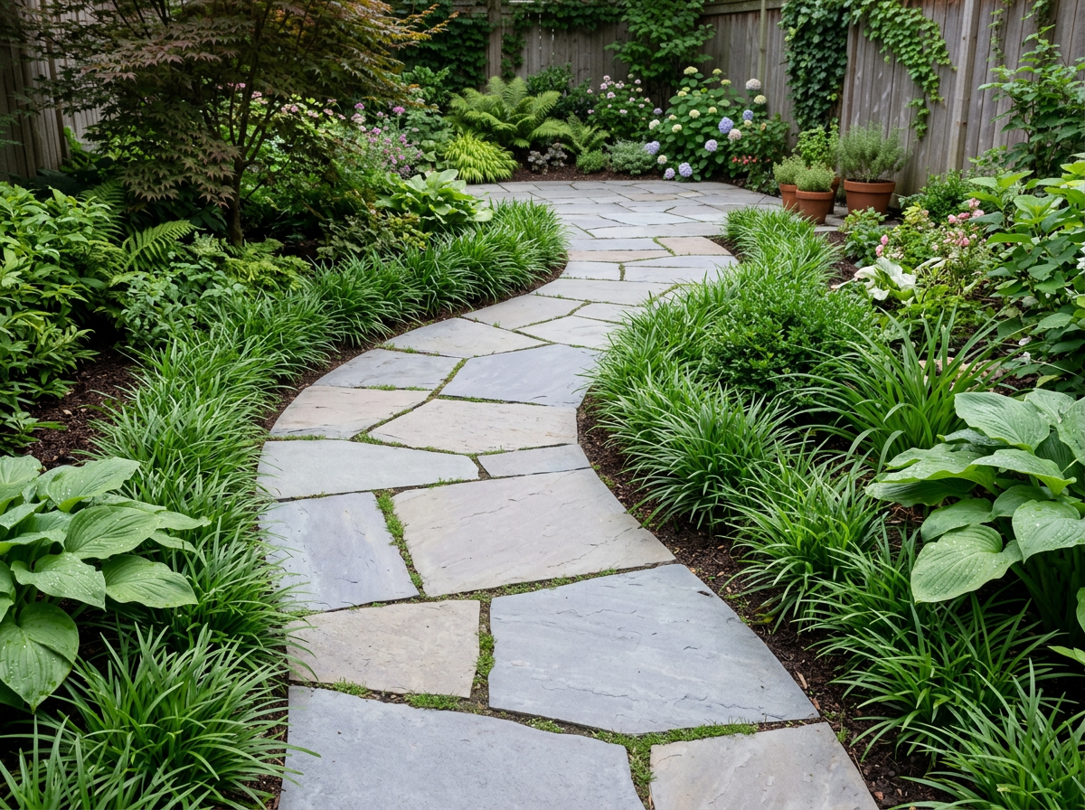 Curved bluestone garden walkway winding through a lush landscaped Queens backyard