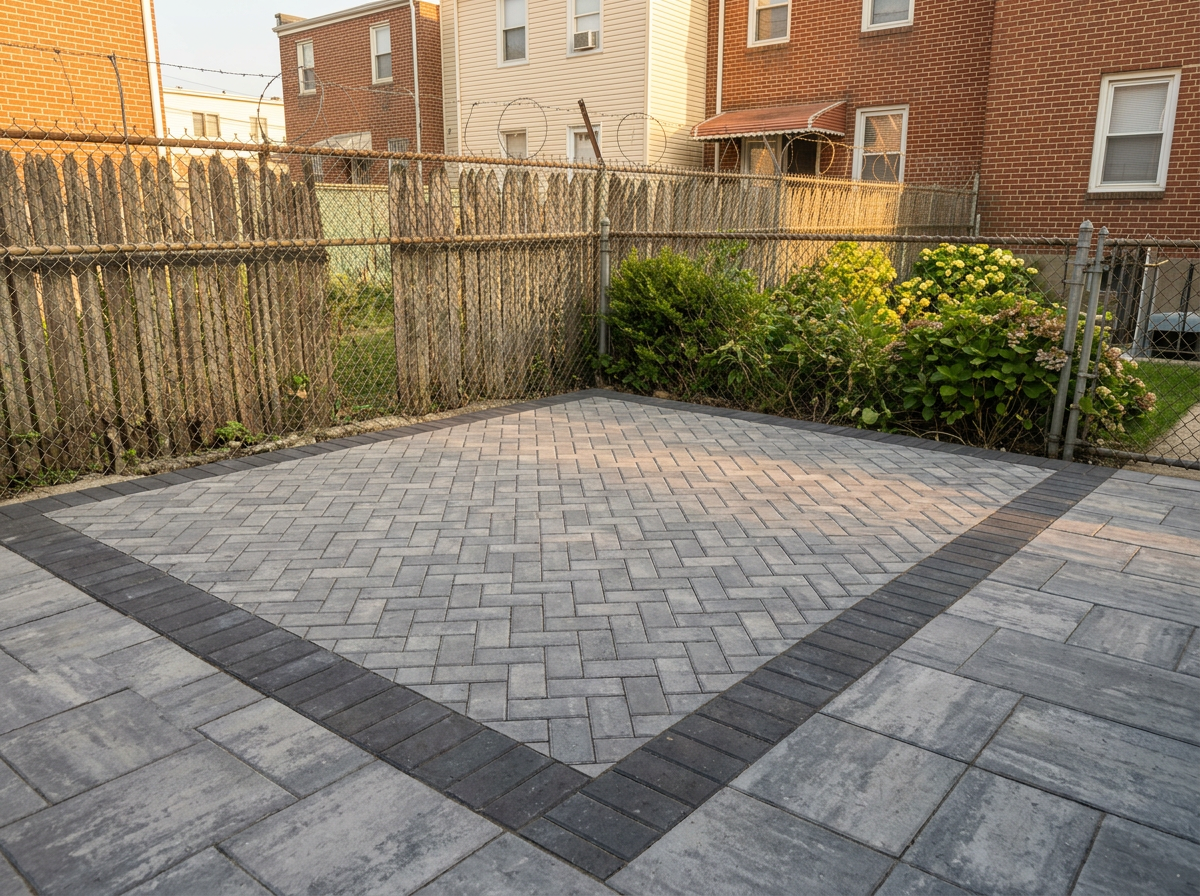 Finished gray concrete paver patio with charcoal border at a Staten Island home