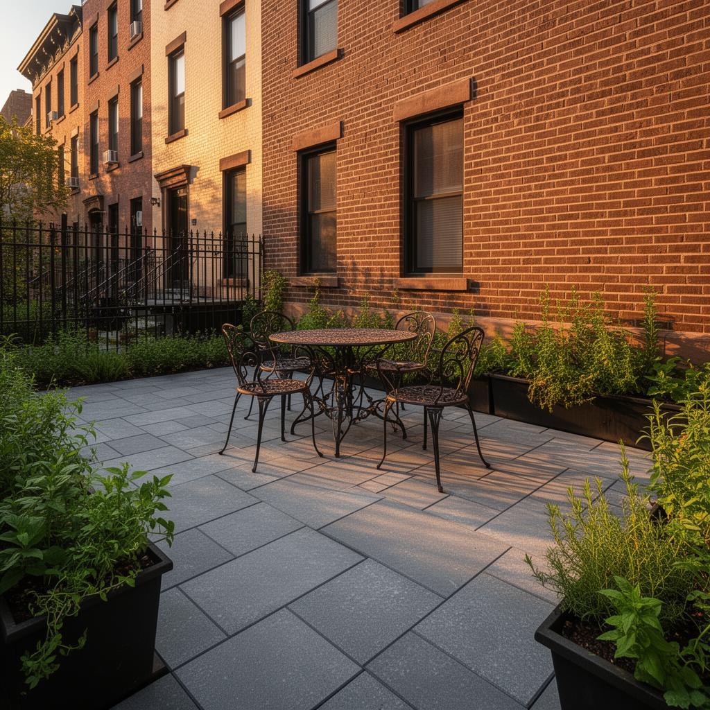 Finished gray paver patio in a small Brooklyn backyard with iron bistro furniture and herb planters at golden hour