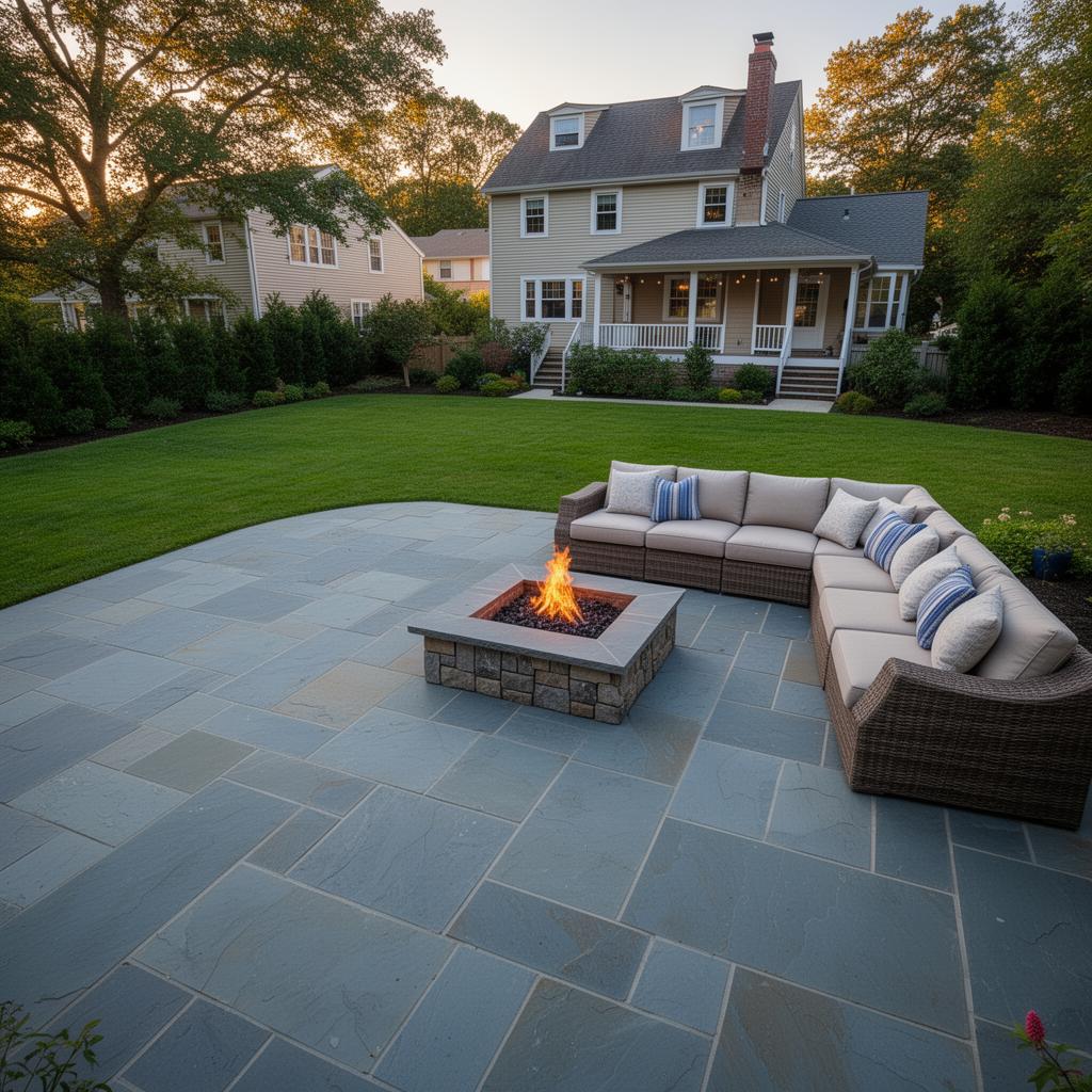 Elevated view of a finished bluestone patio with stone fire pit and sectional sofa behind a Queens single family home