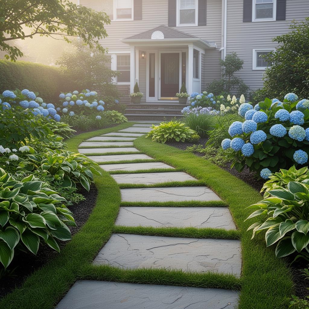 Curved bluestone garden walkway through a Staten Island front yard with hydrangeas and hostas in the morning light