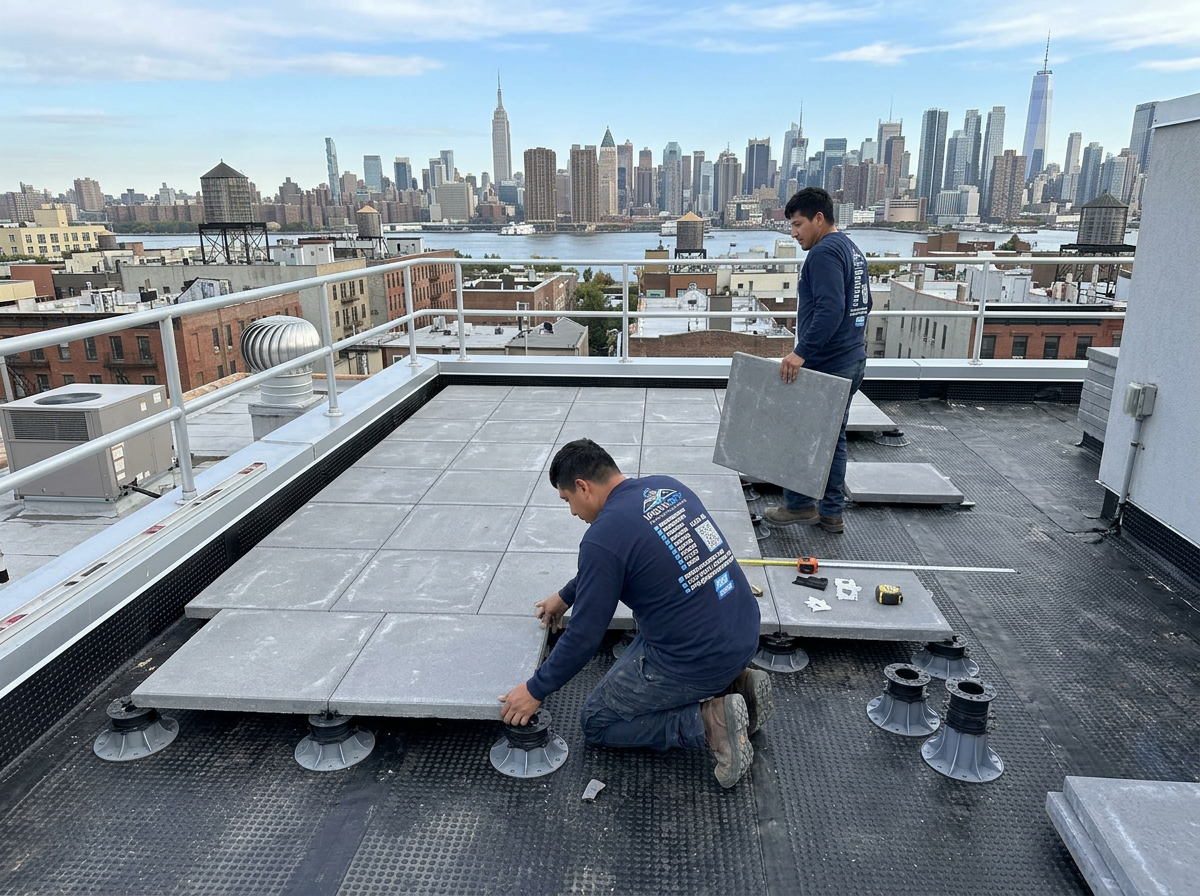 Rooftop pedestal paver system installed on a Manhattan flat roof terrace