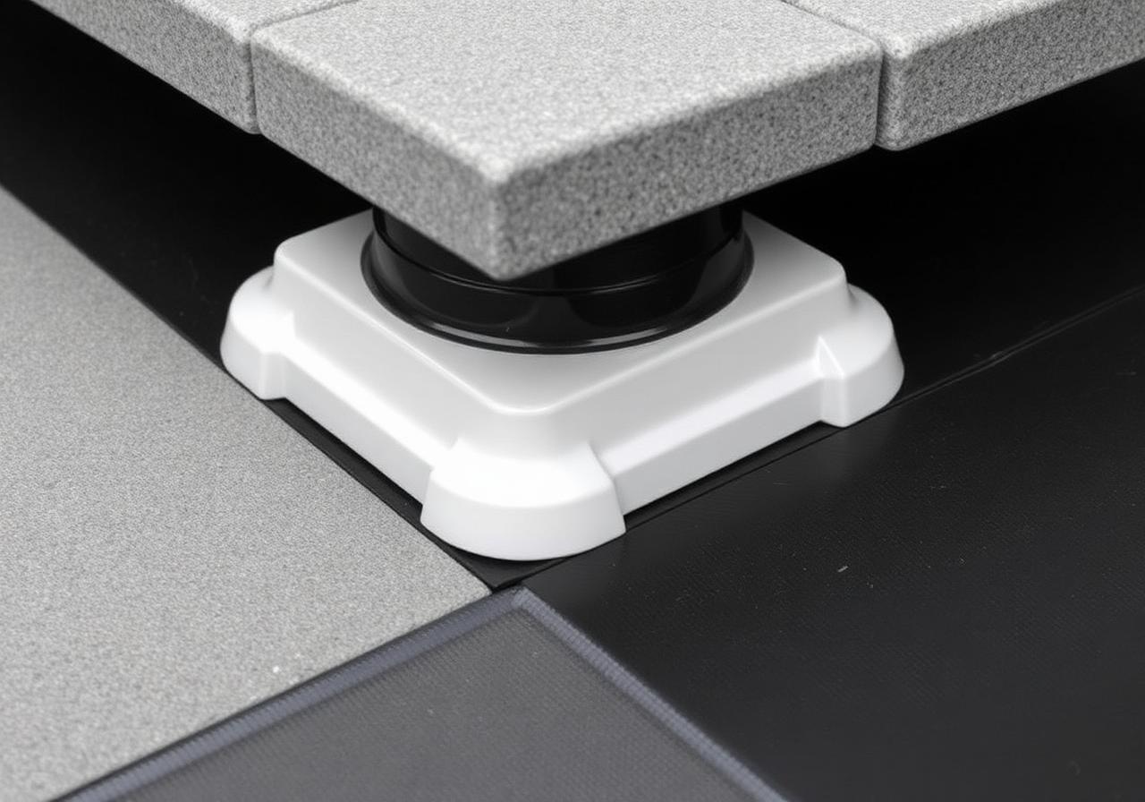 Close-up detail of an adjustable plastic pedestal supporting a concrete paver above a waterproofing membrane
