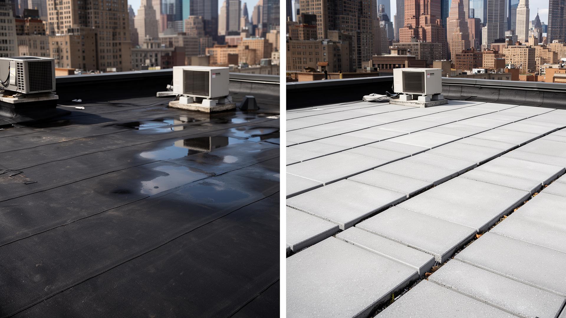 Before and after close-up of a Manhattan flat roof: bare ponded EPDM membrane transformed into a clean grid of gray pedestal pavers with city skyline behind