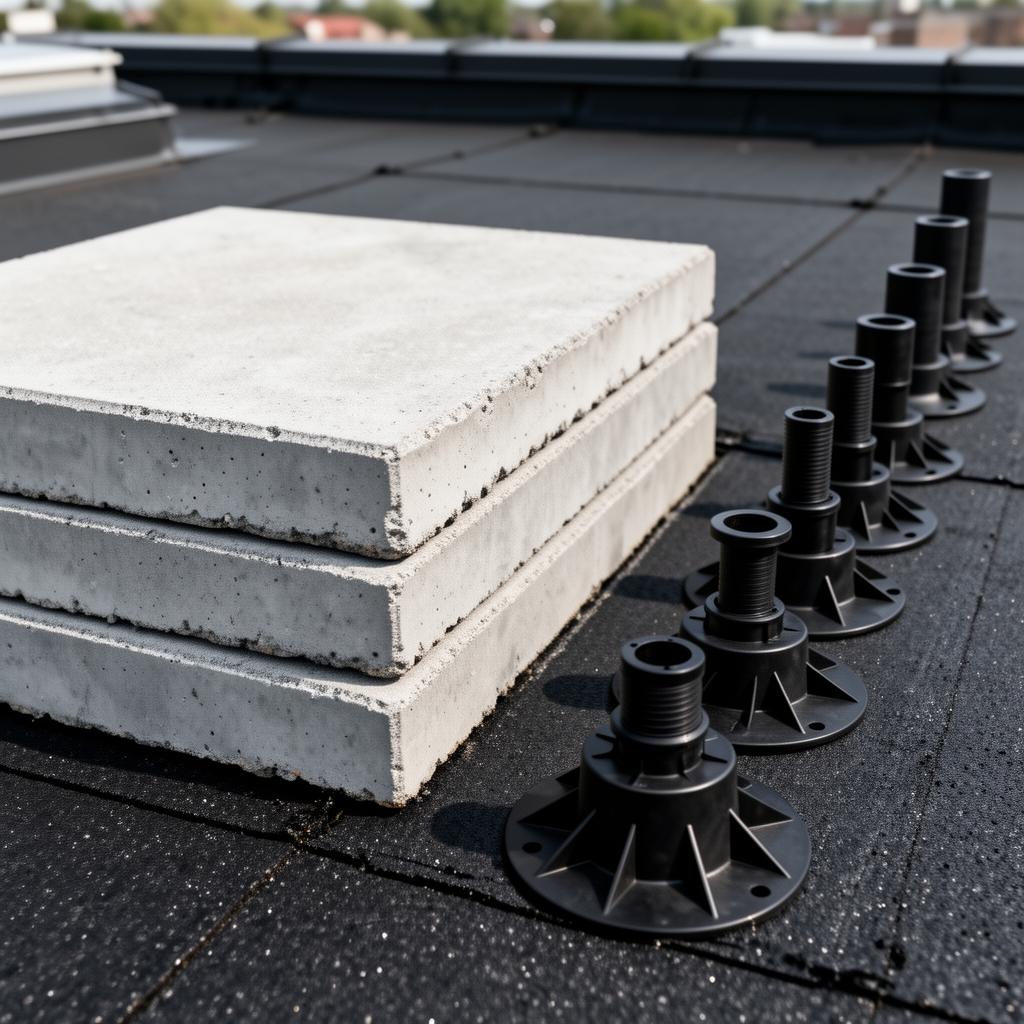 Stack of large gray concrete deck pavers next to a row of black adjustable plastic pedestal supports on a black EPDM rooftop membrane