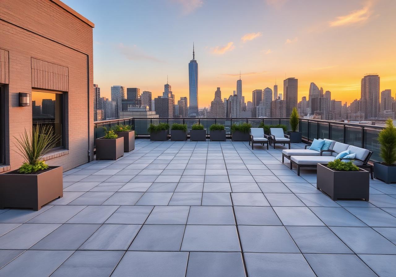Finished modern rooftop terrace with concrete pedestal pavers and Manhattan skyline at sunset