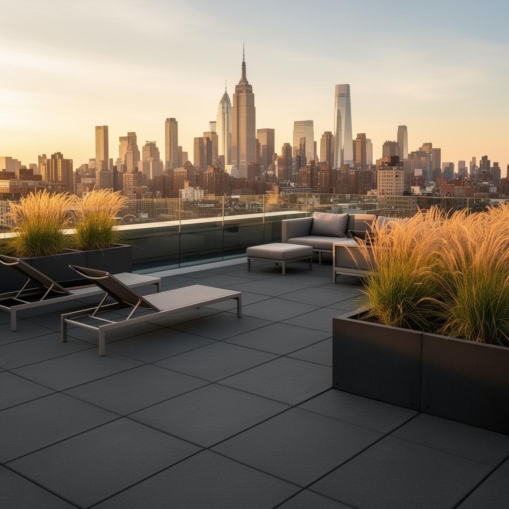 Finished modern rooftop terrace with charcoal pedestal pavers, lounge furniture and Manhattan skyline at golden hour