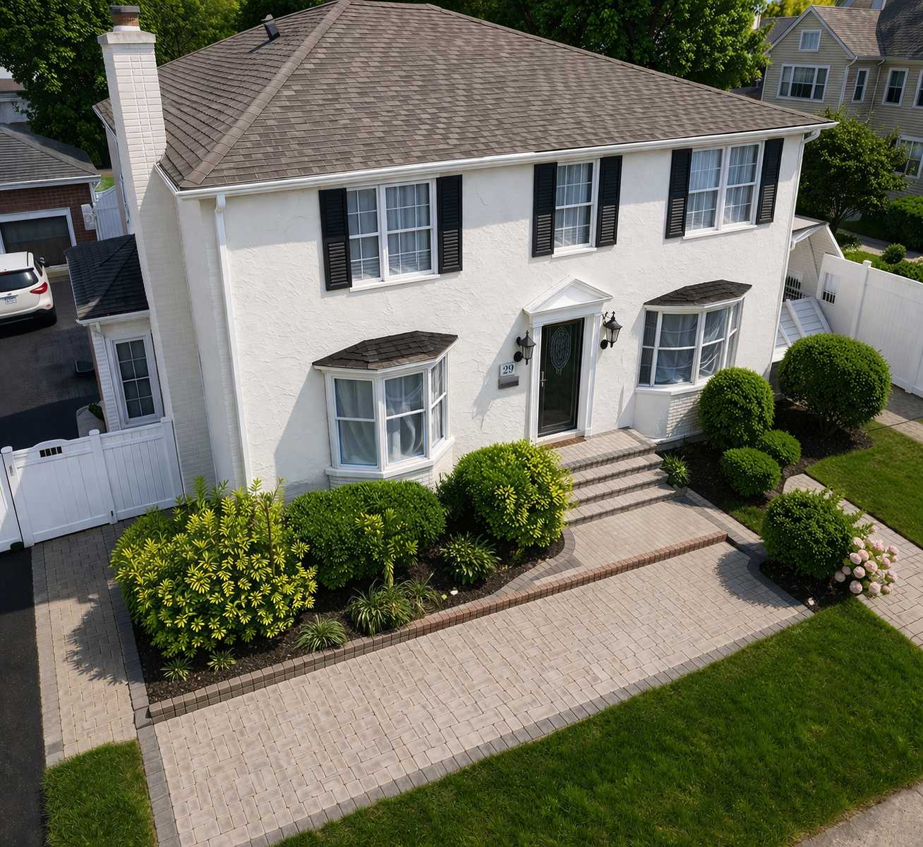 Freshly stuccoed white colonial home with new shingle roof and paver walkway by IronSky