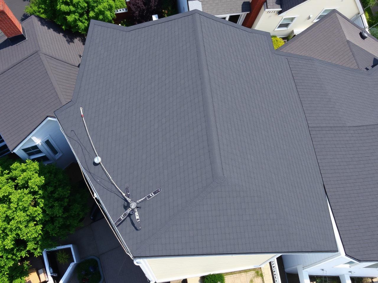 Drone view of a finished charcoal-gray shingle roof on a Queens home