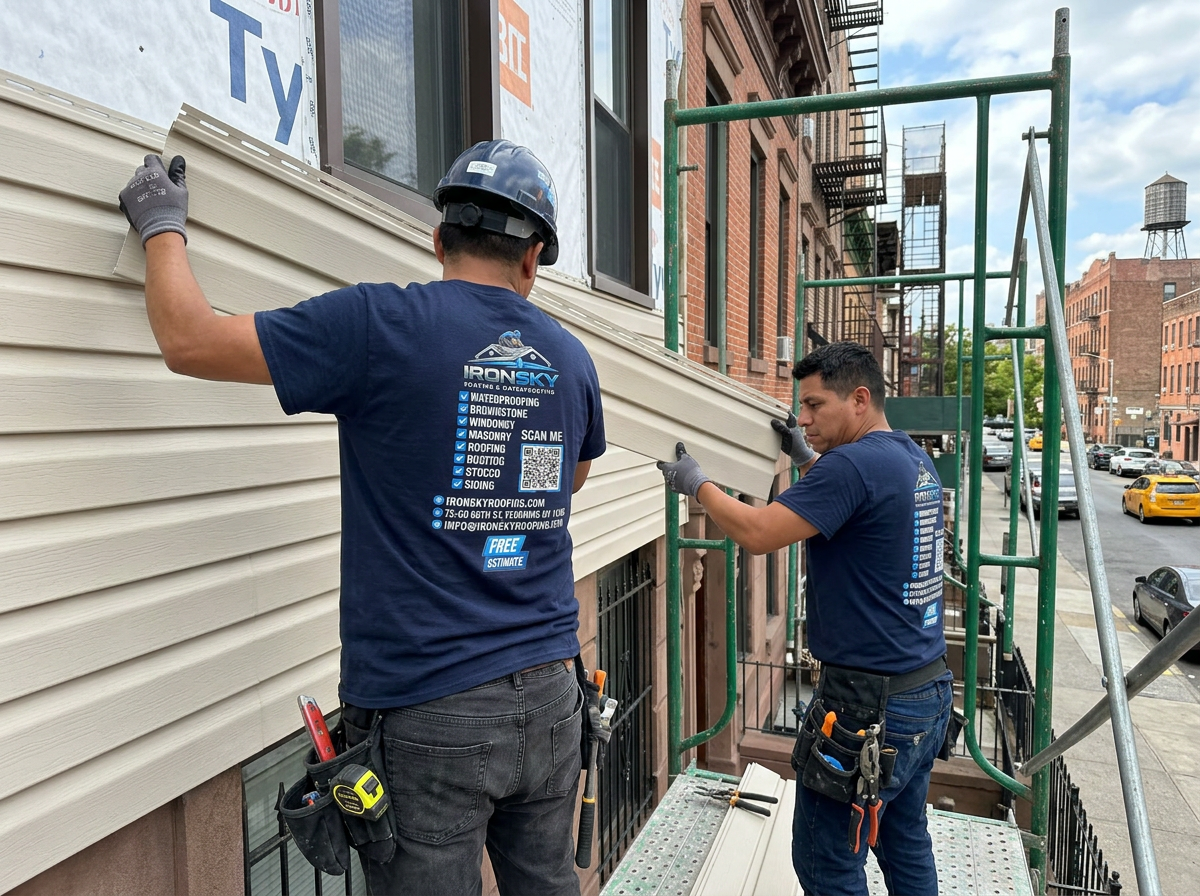 Two IronSky workers installing vinyl siding from scaffolding