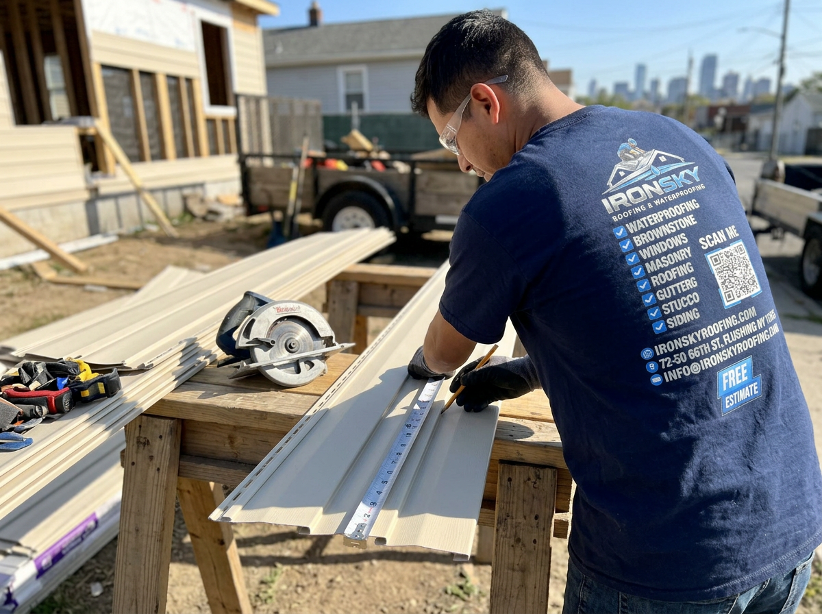 IronSky worker measuring and marking a siding panel before cutting