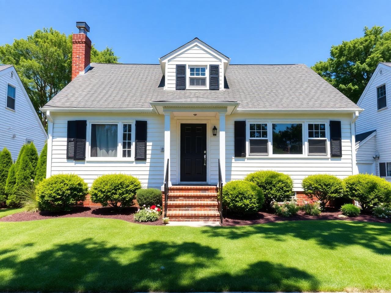 Finished home with bright white vinyl siding and manicured front yard