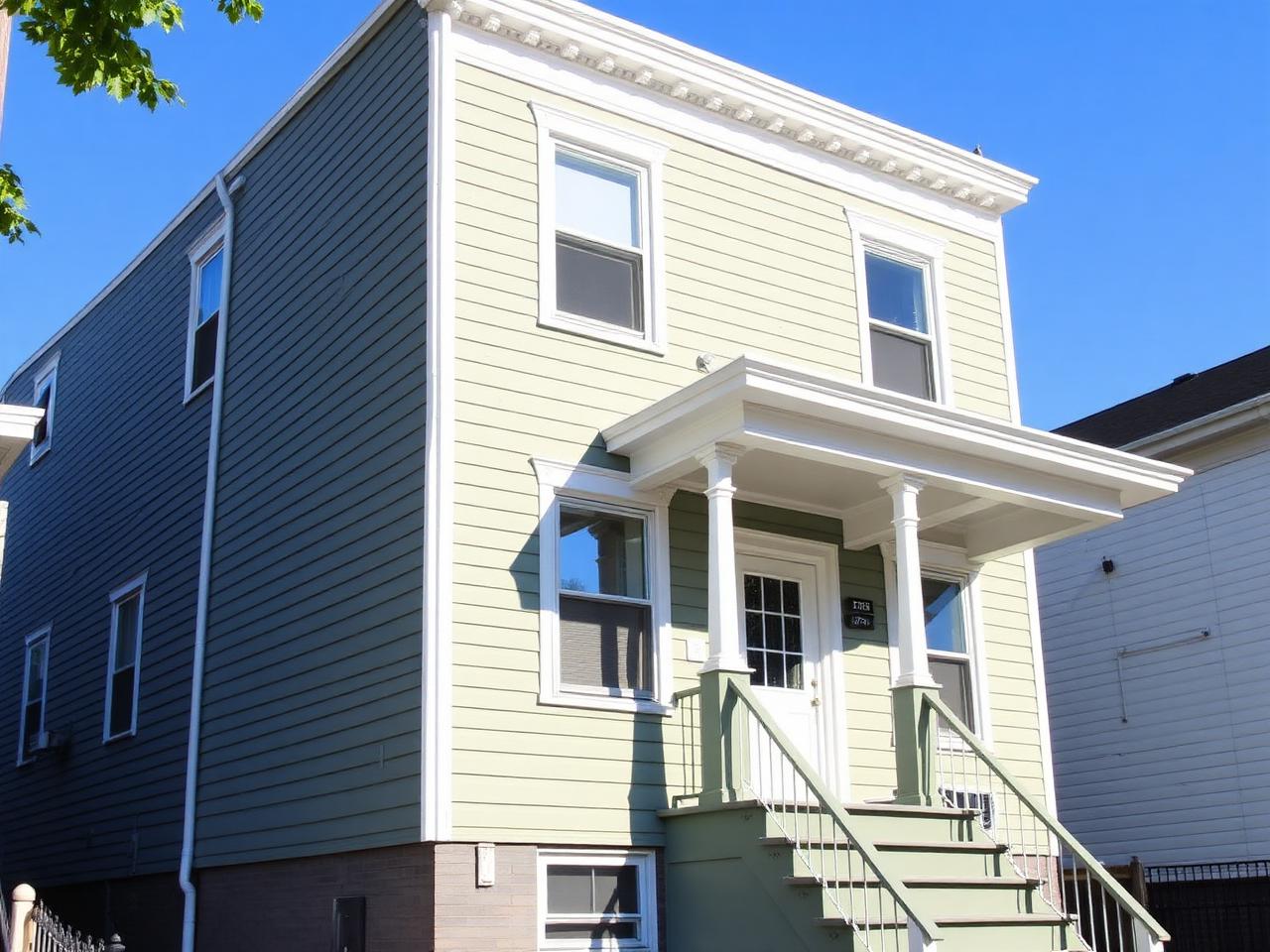 Finished sage green siding on a NYC two-family home
